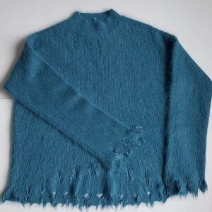 Soft Angora Cropped Sweater Frayed Trim Fringe Design Casual Fuzzy High Neck